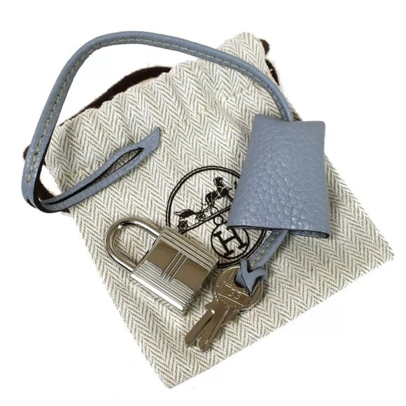 HERMES 2 Set Clochette Cadena Padlock Key Bag Charm Leather Blue Silver 77RH445 - Picture 1 of 6